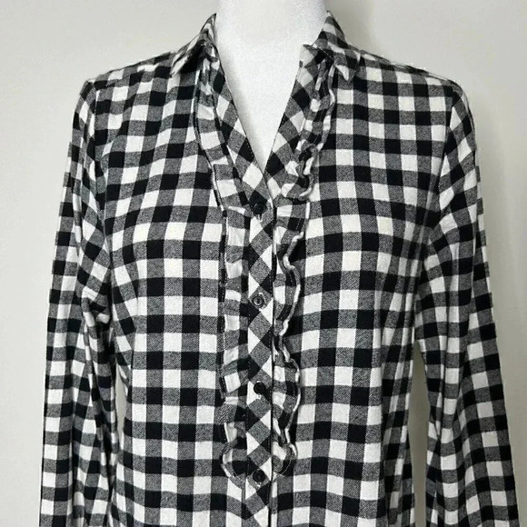 MELLO DAY Black & White Buffalo Check Flannel Ruffle Button Down - Holiday Plaid - Picture 2 of 10
